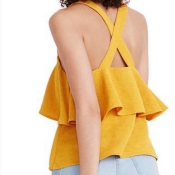 Madewell Tank Top Gold Criss Cross Strap Crop Medium Yellow Ribbed Ruffle - Picture 3 of 16